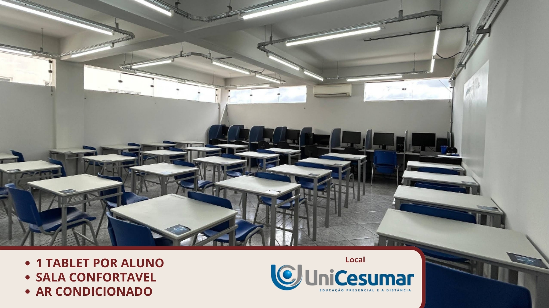 Sala de aula da UniCesumar em Telêmaco Borba — climatizada, com cadeira para cada membro e tablet por membro